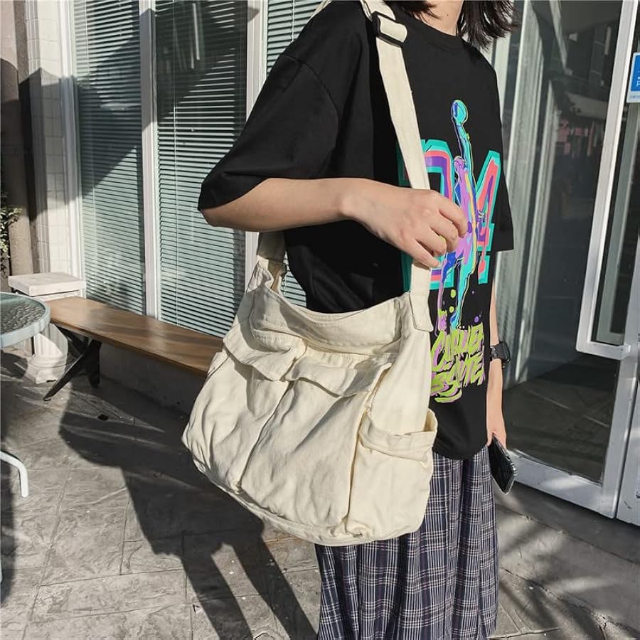 Grunge Canvas Messenger Bag Women Aesthetic Hobo Purses Y2K